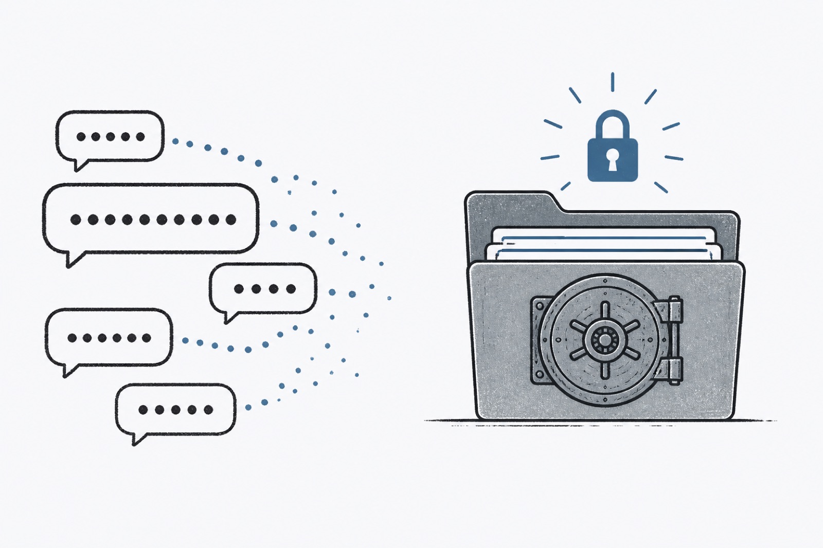 Password dots leaking across chat bubbles beside a locked vault folder.