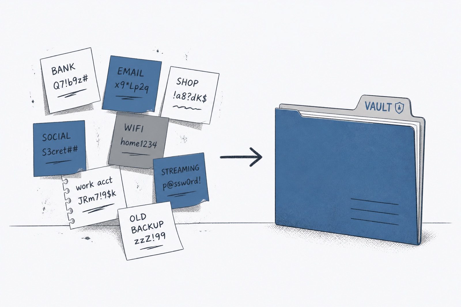 Sticky notes with password scribbles beside an empty vault folder.