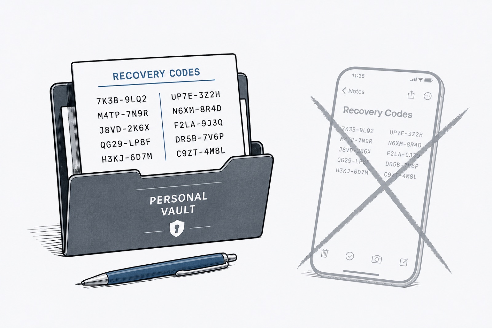 Recovery codes stored in a personal vault folder, with a phone screenshot set aside as the wrong place.