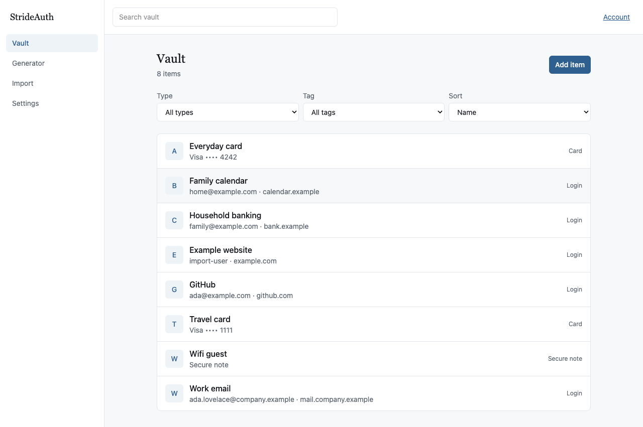 StrideAuth's current personal vault showing sample cards, logins, and a secure note, with type, tag, and sort controls.