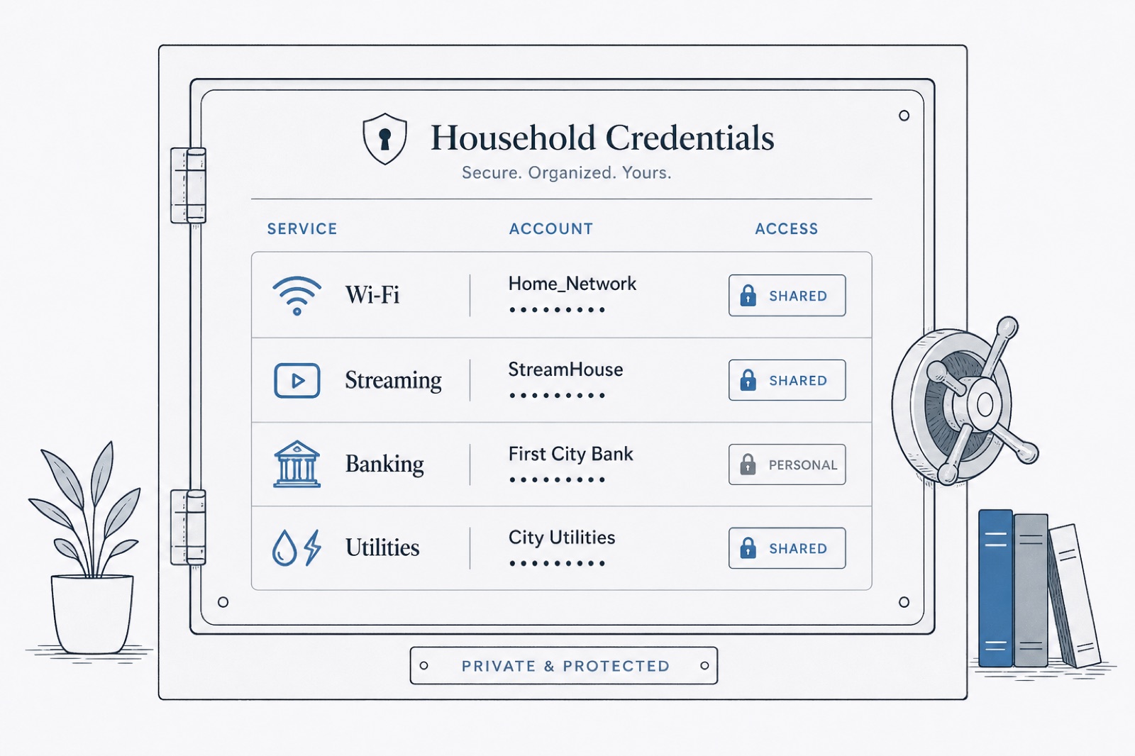 Different kinds of credentials organized as records in one secure vault.